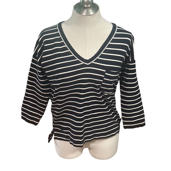 Madewell Stripe Slub Ponte Knit V-Neck Top Side‎ Zippers Black White Size Medium - Picture 1 of 4